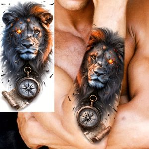 קעקוע זמני של מפת מצפן אריה אחד לגברים ונשים - עמיד במים לאורך זמן לזרוע, ירך, שריר הזרוע הקדמי ומדבקה לאמה עם עיצוב ימי מפורט, קעקוע ימי|עיצוב נועז|מדבקה עמידה במים