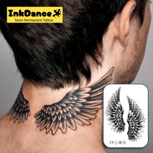 קעקועים זמניים למחצה של InkDance - עיצובים של כנפיים, מוטיבים של שומר ומלאך נופל, ריאליסטיים, עמידים לאורך זמן, עמידים במים, פורמולה מבוססת צמחים, קעקועים מזויפים יוניסקס, ערכת מתנה D239