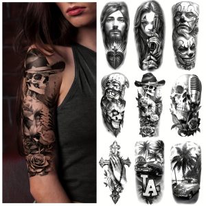 17 דפים של קעקועים זמניים אטרסטיילית מדויקים לאנשים בצבע שחור שיקאנו, ג'ינג'ה חיקאנה גוואדלופה גנגסטרים, קעקועים מתמשכים לזמן