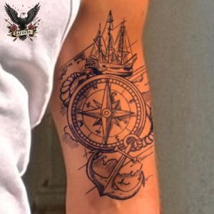 קומפאס קעקועים זמניים אטומים למים של Dafoou לשריר הכתף, הגב והצווארון בסגנון ימי, אמנות גוף מחזיקה לאורך זמן - הסרה קלה ללא שאריות, בטוח לשימוש ללא רעלים, מתאים למסיבות, רחוב ואירועים בבריכה, קישוט זמני לגוף